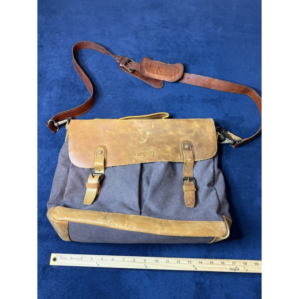 Vaschy Blue Canvas and Leather Messenger Bag Top Grain Cow Hide Satchel Mens